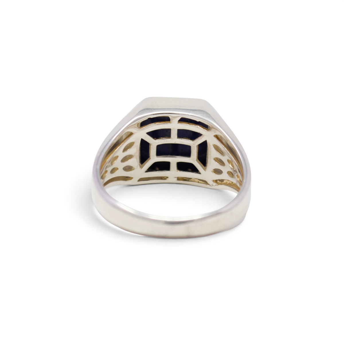 Back view of the lapis lazuli signet ring with openwork lattice gallery beneath the setting
