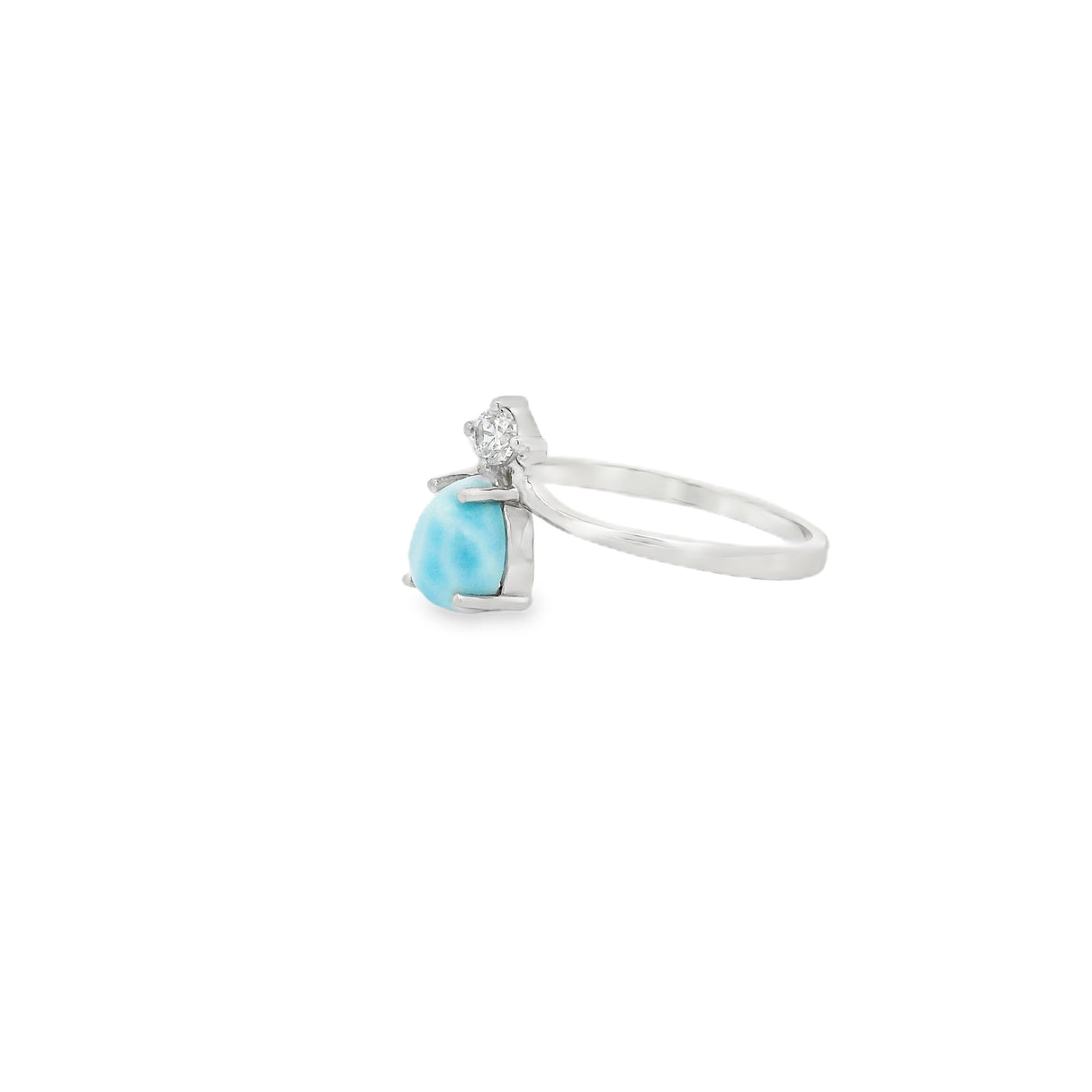 Larimar Teardrop Prong Set Ring with Single White Topaz Round Prong Set