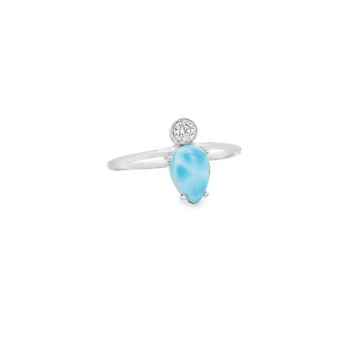 Larimar Teardrop Prong Set Ring with White Topaz - Single Round Bezel Set