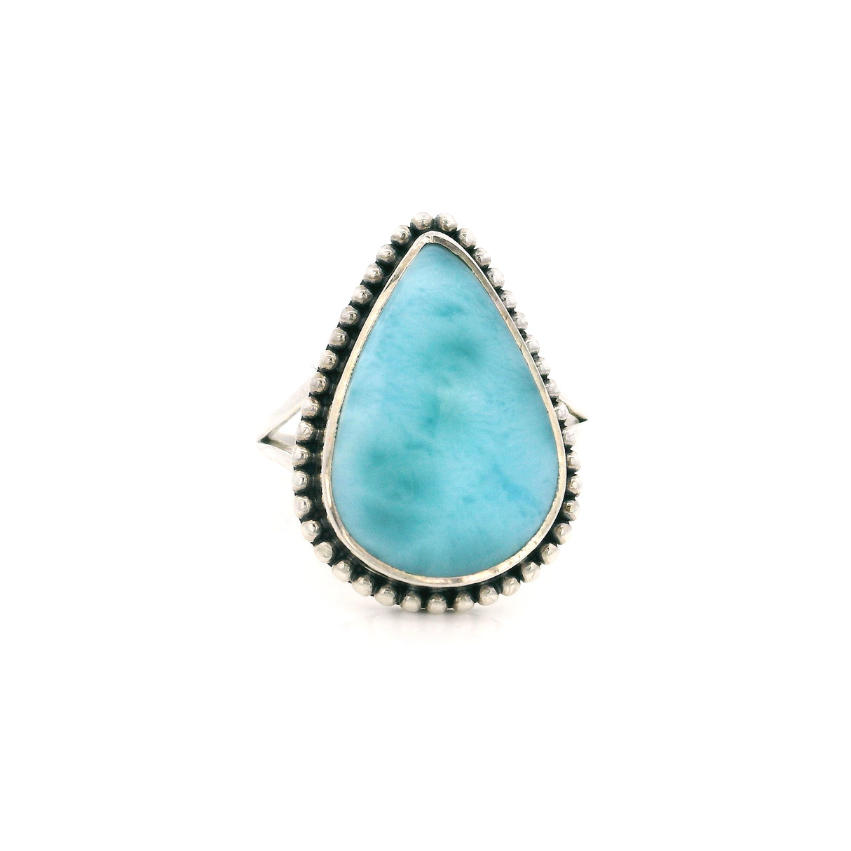 Ball Point Stud Bezel Design on Delicate Open V Band - Larimar Teardrop