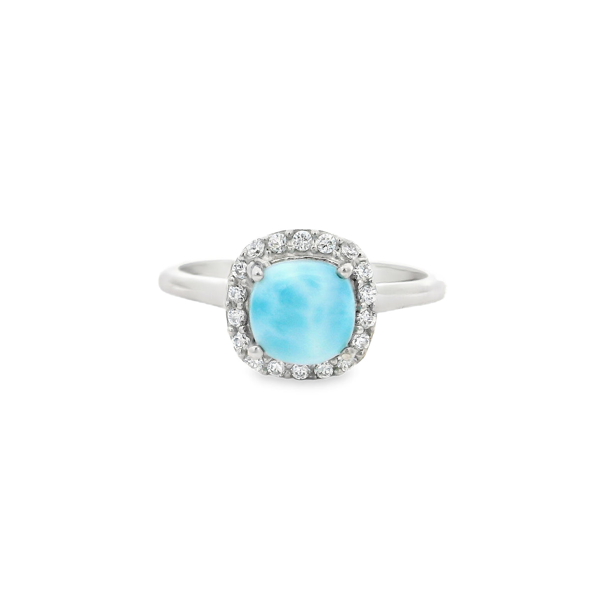 Larimar Ring in Rhodium Vermeil Band Prong Set Square with Cz Halo Design