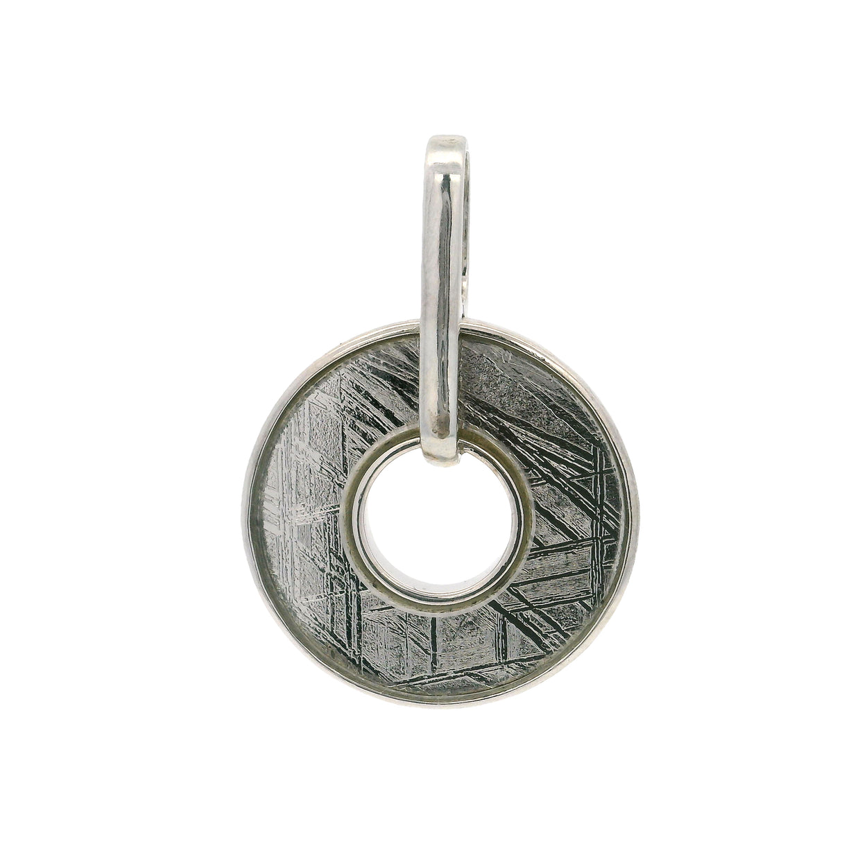 Muonionalusta Meteorite Pendant - Plated Disk with Open Center & Silver Bezel with Bar Bail