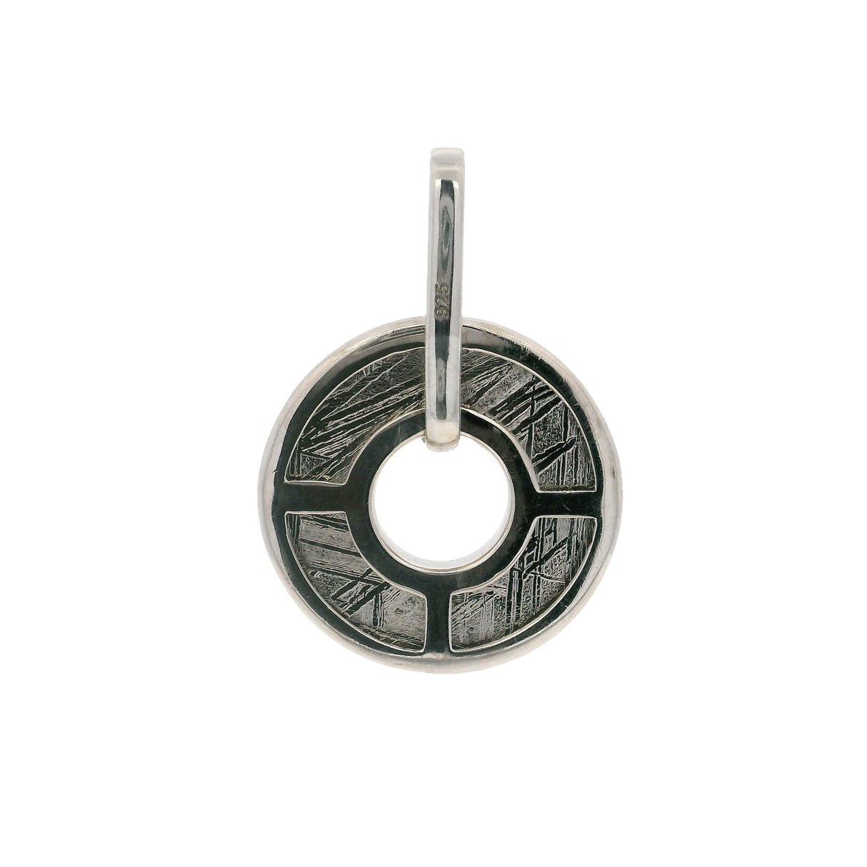 Muonionalusta Meteorite Pendant - Plated Disk with Open Center & Silver Bezel with Bar Bail