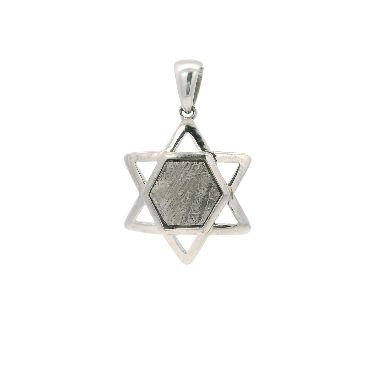 Pendentif météorite Muonionalusta - Hexagone serti dans une étoile de David ajourée en argent sterling 925