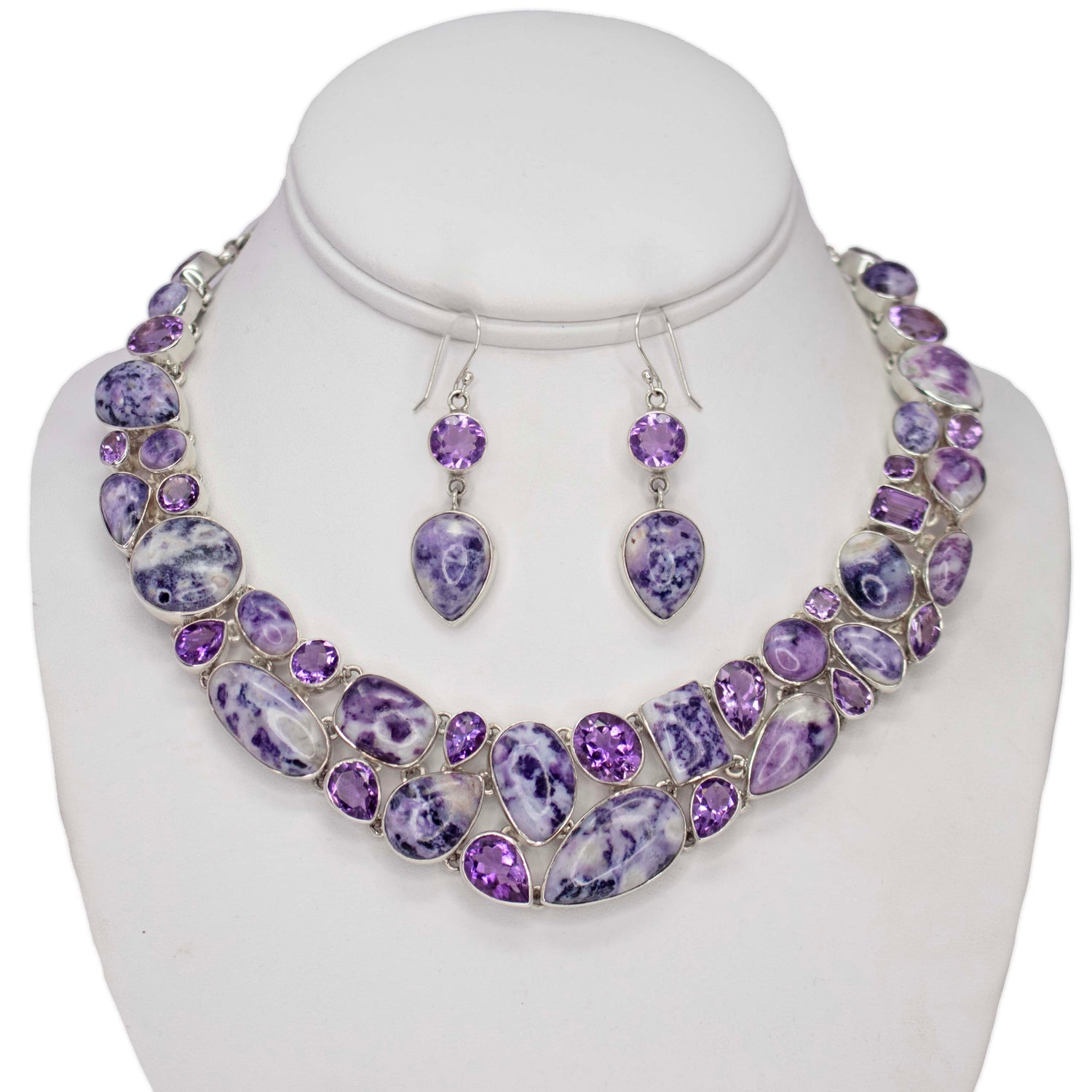Purple Common Opal Set (Necklace & Dangle Earrings) with Faceted Amethyst