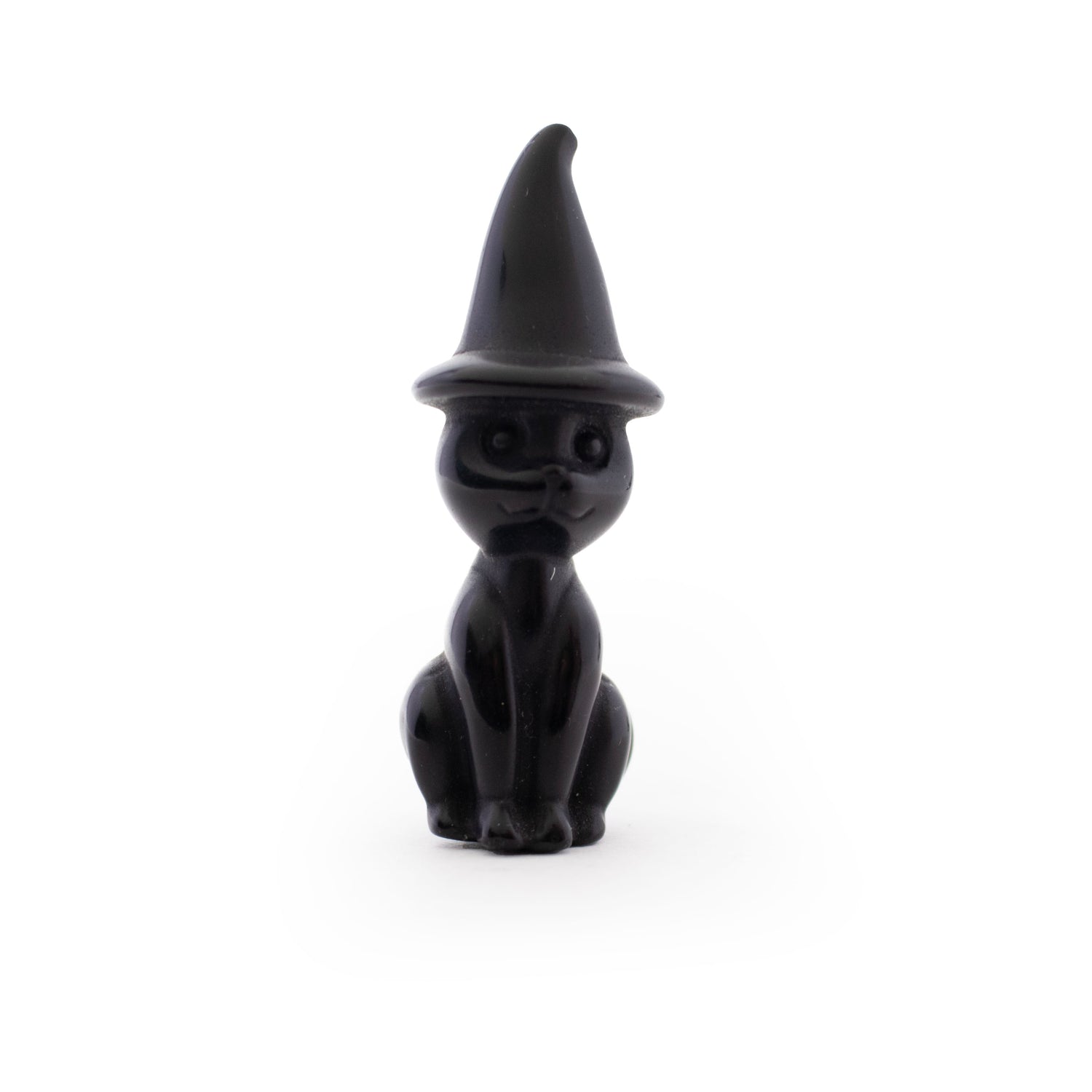 Black Obsidian Cat Carving With Pointed Hat