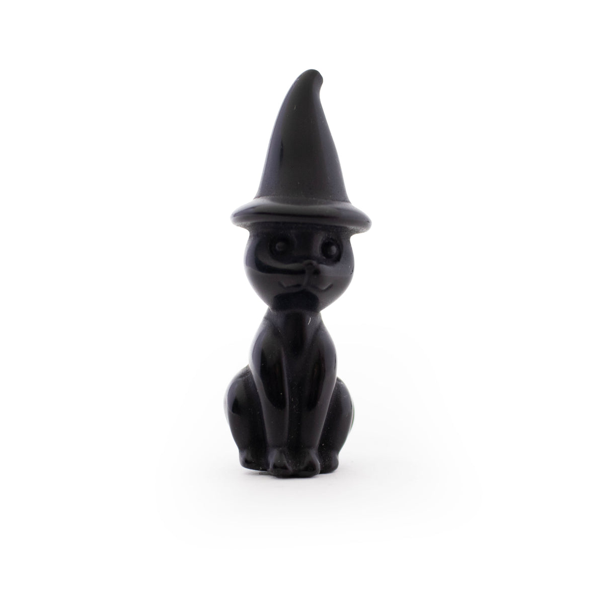Black Obsidian Cat Carving With Pointed Hat