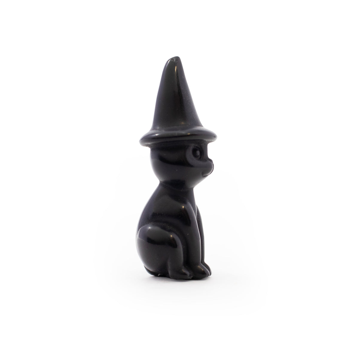 Black Obsidian Cat Carving With Pointed Hat