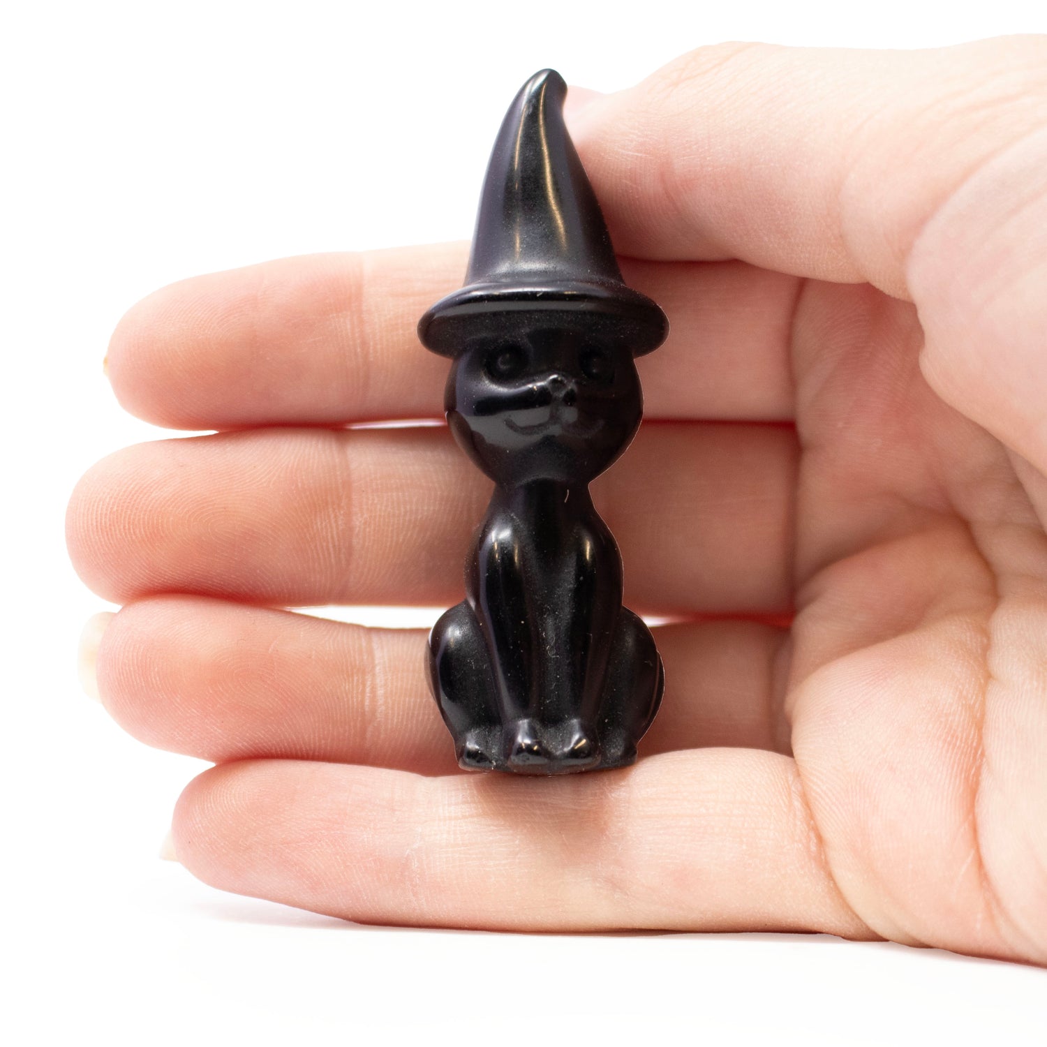 Black Obsidian Cat Carving With Pointed Hat