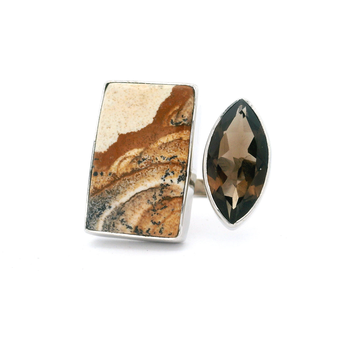 Picture Jasper Cabochon & Faceted Smoky Quartz Duo Ring - Size Adjustable