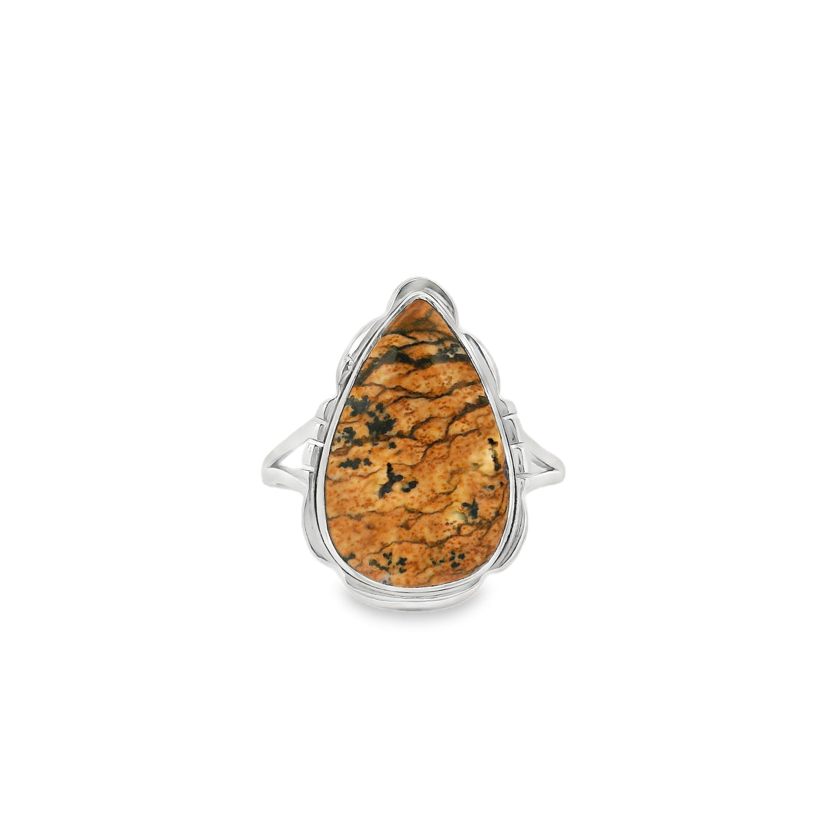 Picture Jasper Cabochon Ring with Silver Flare Design Bezel
