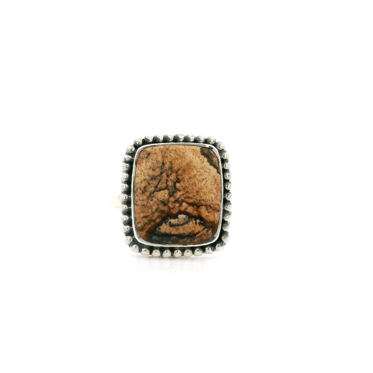Picture Jasper Cabochon Ring with Studded Bezel Design