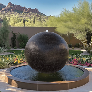 Large black spherical outdoor fountain in a garden setting with desert landscape.