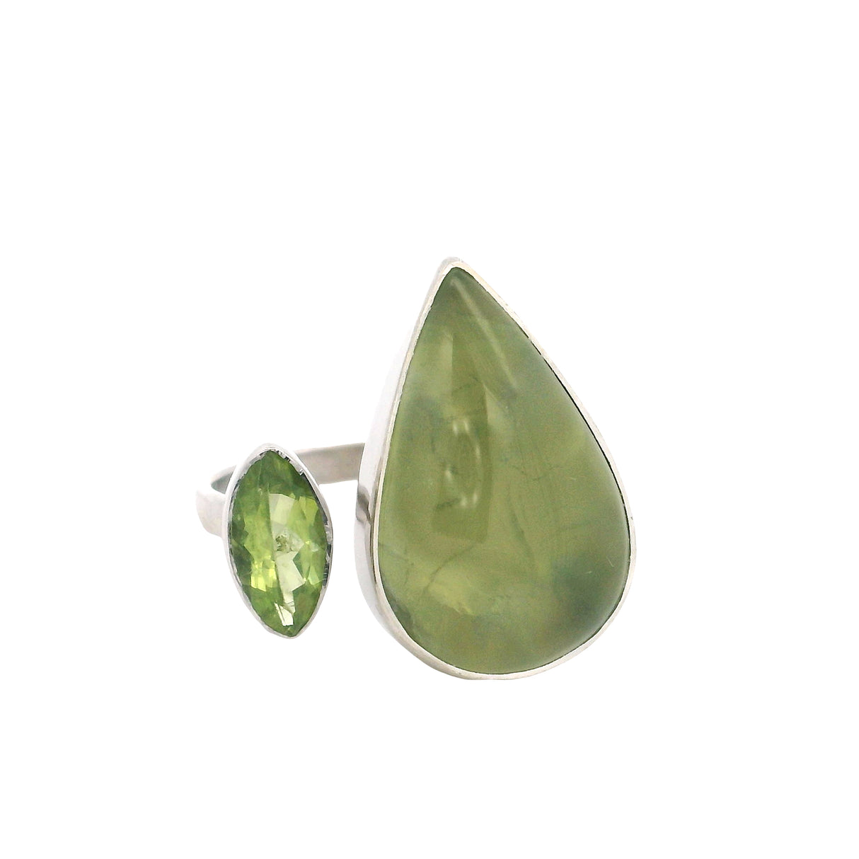Prehnite Cabochon & Faceted Peridot Ring - Adjustable