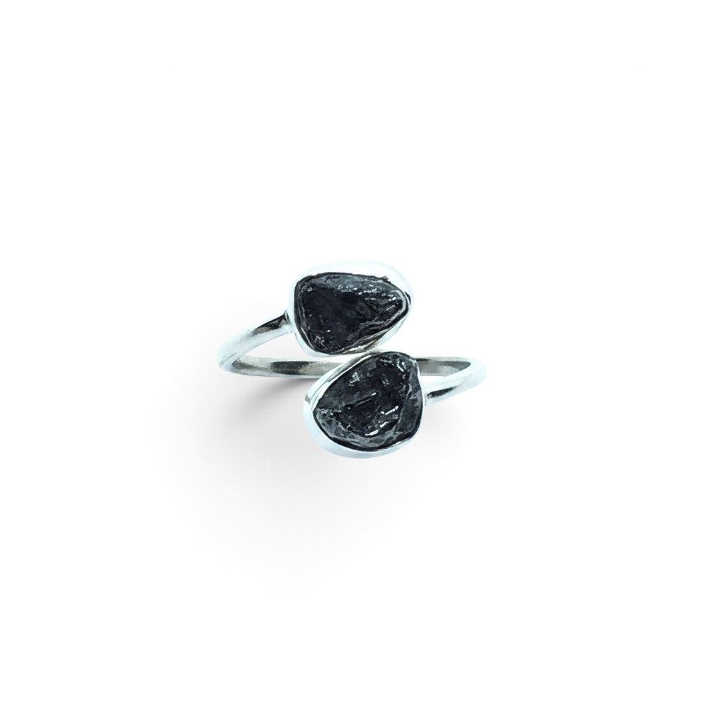 Rare Earth Gallery Agoudal meteorite ring featuring two raw black meteorite nuggets in a silver bezel set open band.