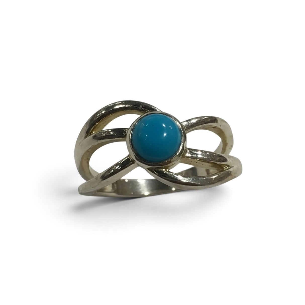 Rare Earth Gallery Arizona turquoise 4mm round stone ring set in a sterling silver simple leaf band design