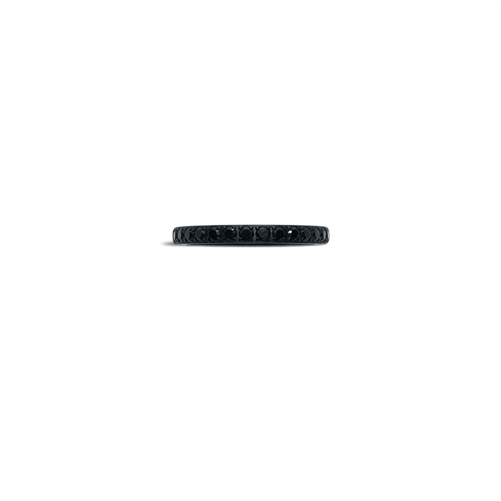 Rare Earth Gallery 2mm titanium ring with black IP plating and a half-band of sparkling black cubic zirconia stones.