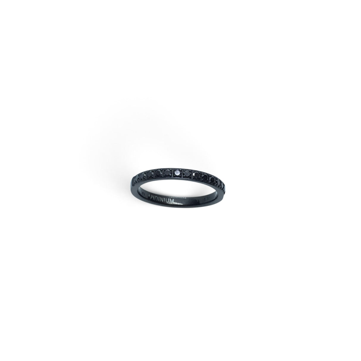 Rare Earth Gallery 2mm titanium ring with black IP plating and a half-band of sparkling black cubic zirconia stones.