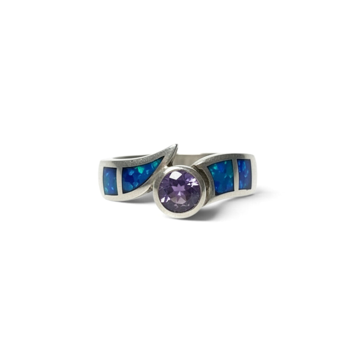 Rare Earth Gallery sterling silver ring featuring blue opal inlay and a round purple amethyst CZ stone