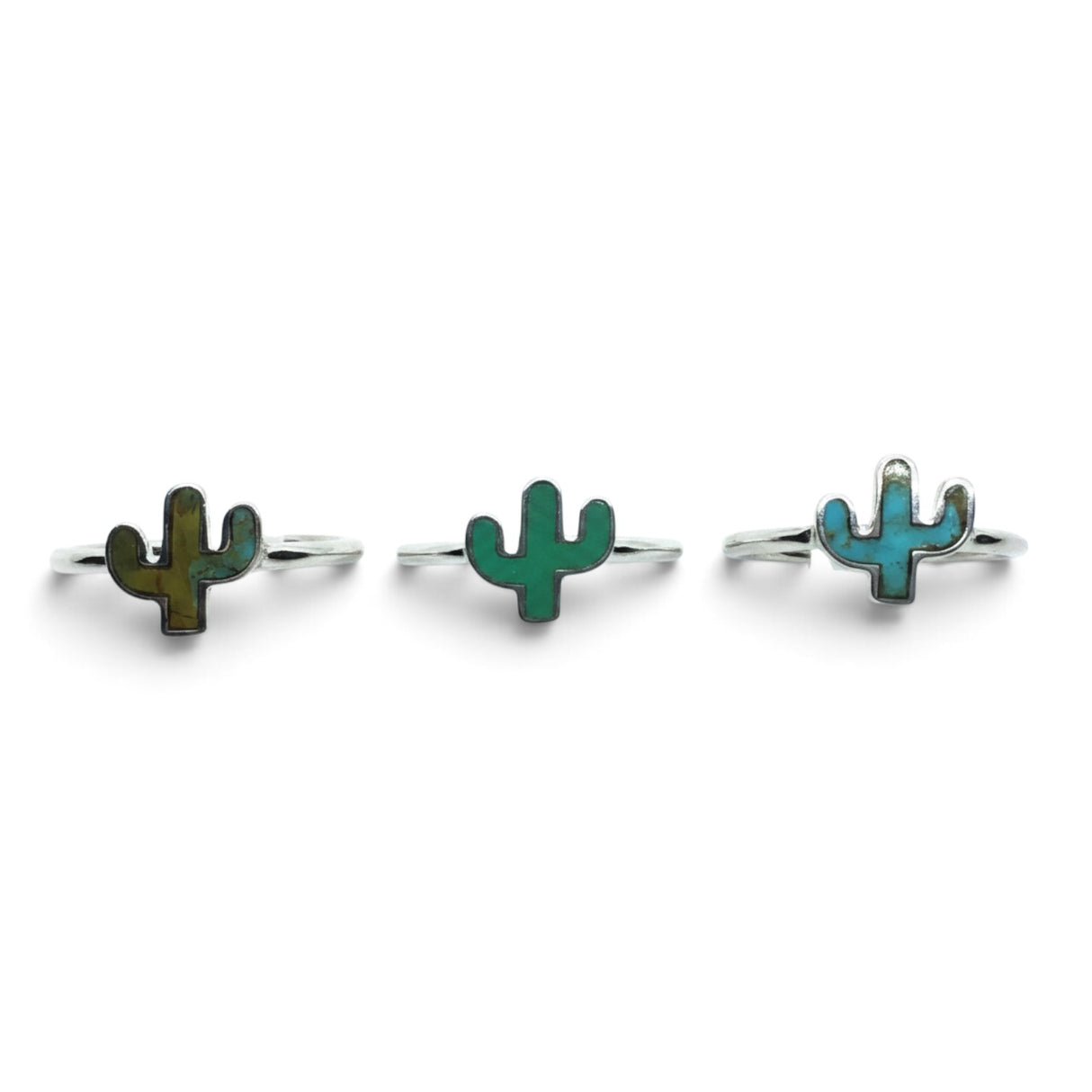 Rare Earth Gallery cactus-shaped rings featuring green turquoise inlays set in polished 925 sterling silver bands.