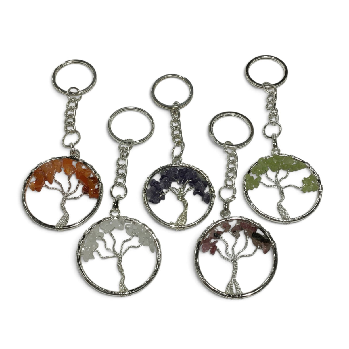 Rare Earth Gallery gemstone tree of life keychains with silver wire branches and assorted crystal chip leaves