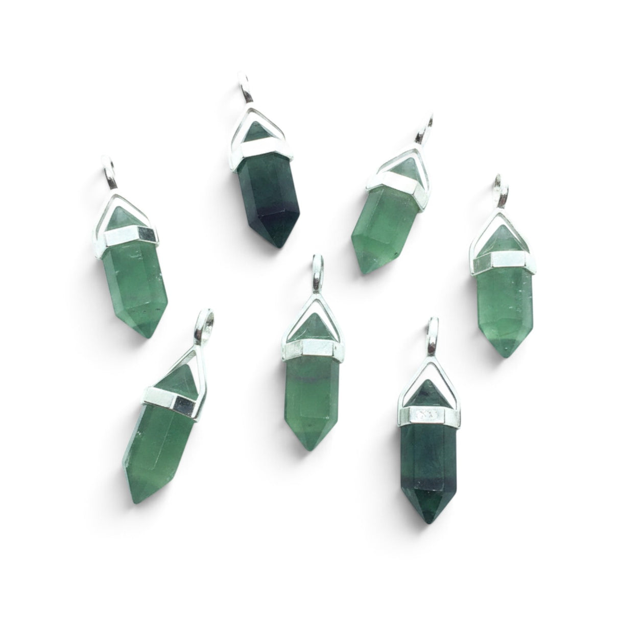 Rare Earth Gallery green fluorite double point pendants in open lantern 925 sterling silver bezels on white background