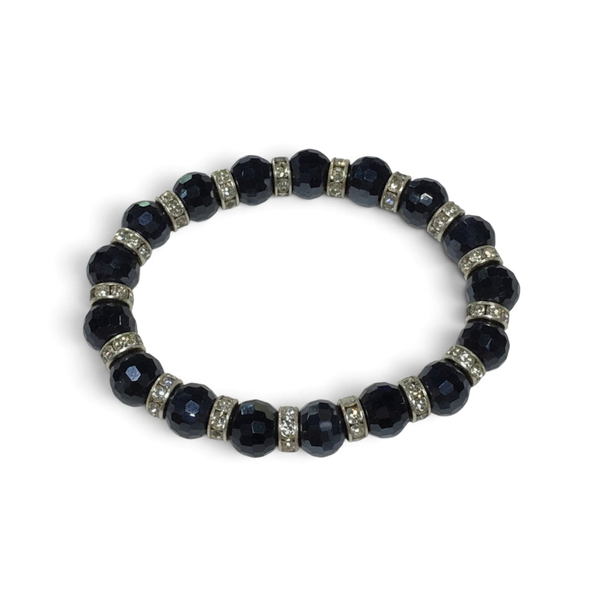 Rare Earth Gallery crystal bracelet featuring faceted jet hematite beads and sparkling silver-tone spacer accents.