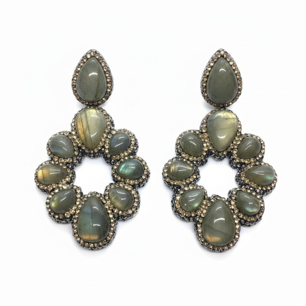 Rare Earth Gallery labradorite dangle earrings with nine pear-shaped stones, marcasite, and gold Swarovski crystals.