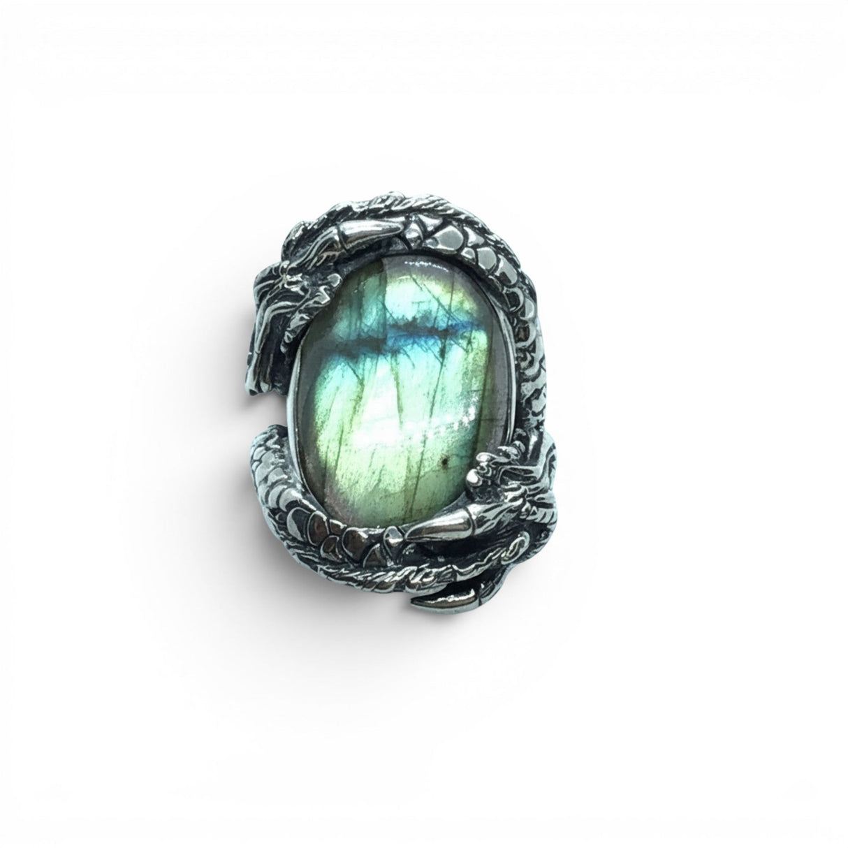 Rare Earth Gallery oval labradorite ring featuring yellow and teal iridescence set in an ornate silver dragon band.