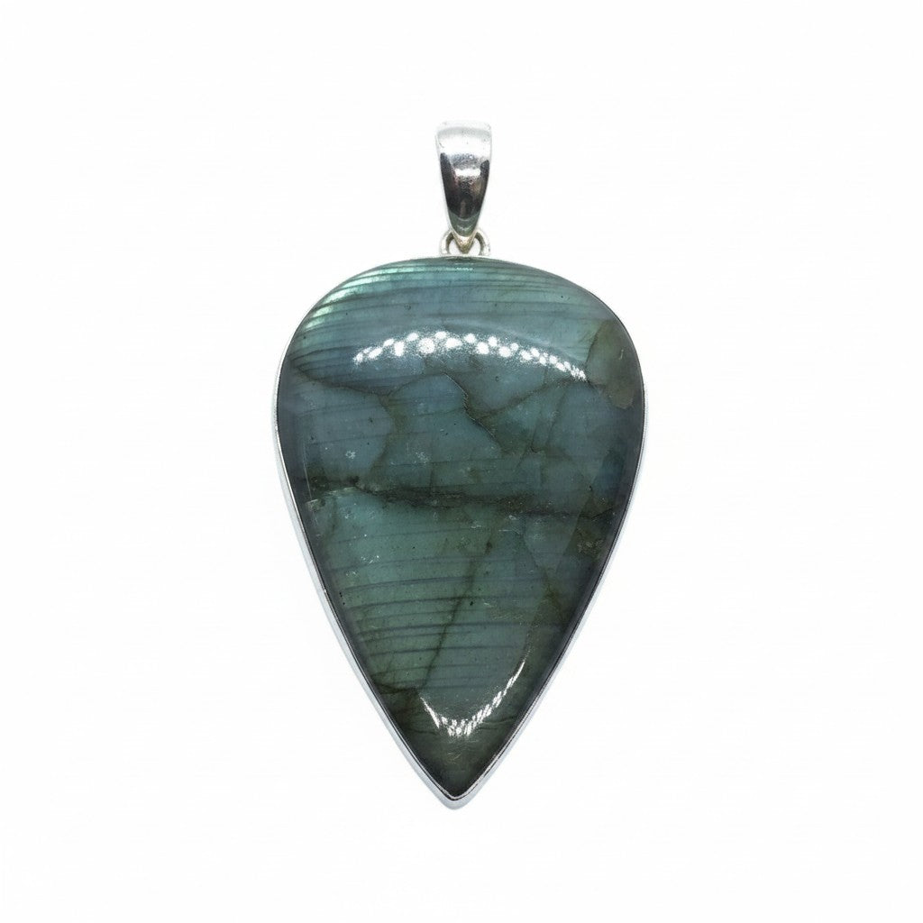 Rare Earth Gallery 2-inch reverse pear labradorite pendant with green and teal shift and horizontal line inclusions.