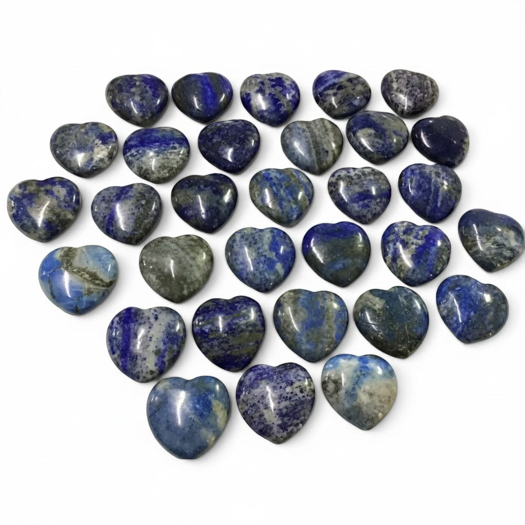 Rare Earth Gallery 25mm lapis lazuli hearts with deep blue color and golden pyrite flecks, hand-carved and smooth.