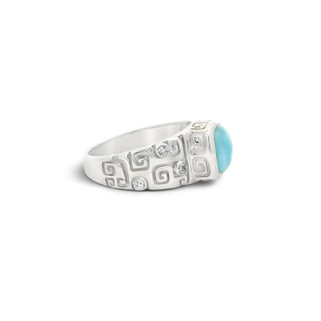 Rare Earth Gallery sterling silver ring featuring a square-round Larimar stone, diamond accents, and spiral details.