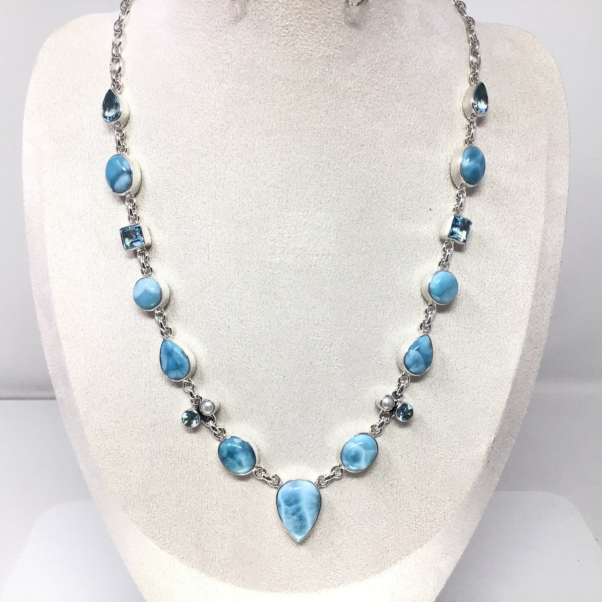 Rare Earth Gallery Larimar link necklace with faceted blue topaz and pearl accents, sterling silver.