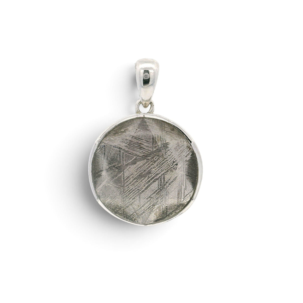 Rare Earth Gallery Muonionalusta meteorite pendant with 6-pointed star pattern in a rhodium-plated sterling silver case