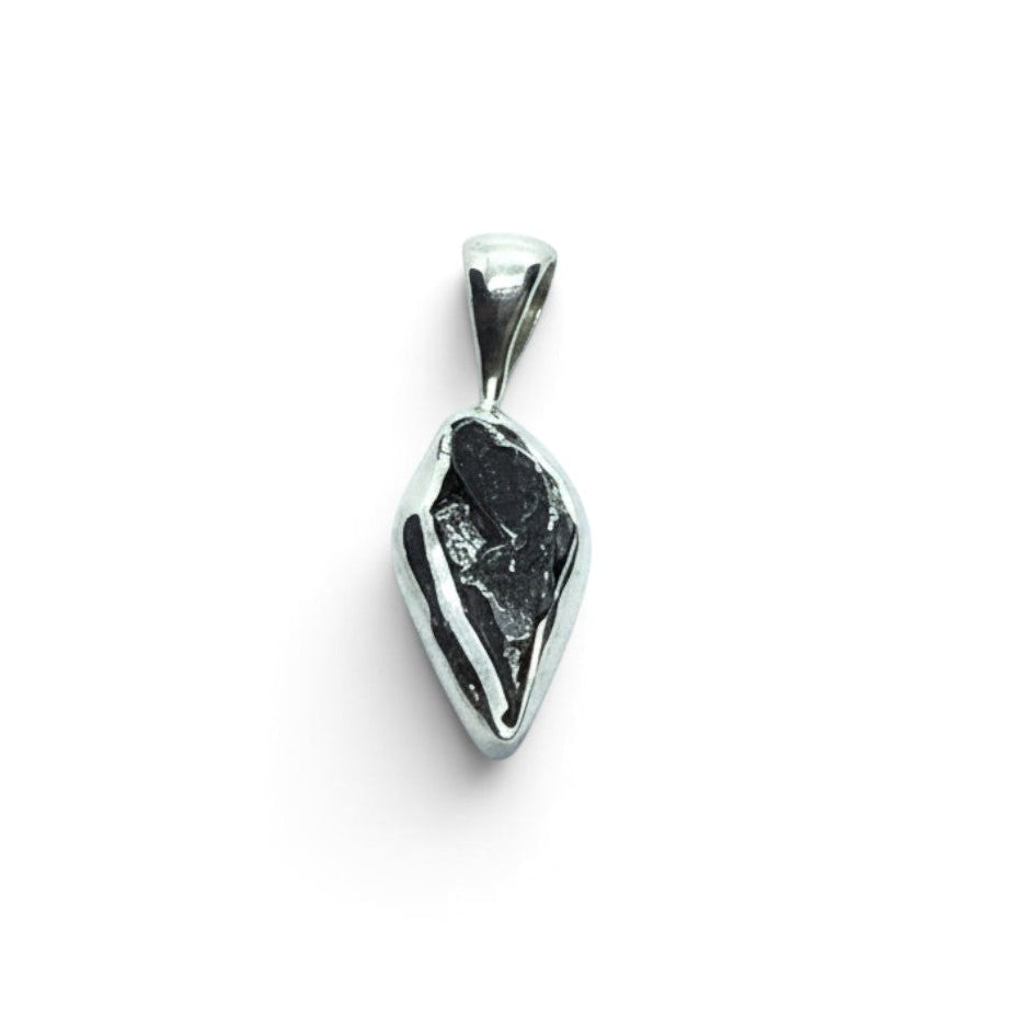 Rare Earth Gallery Campo De Cielo meteorite pendant featuring an organic nugget shape in a 925 sterling silver bezel