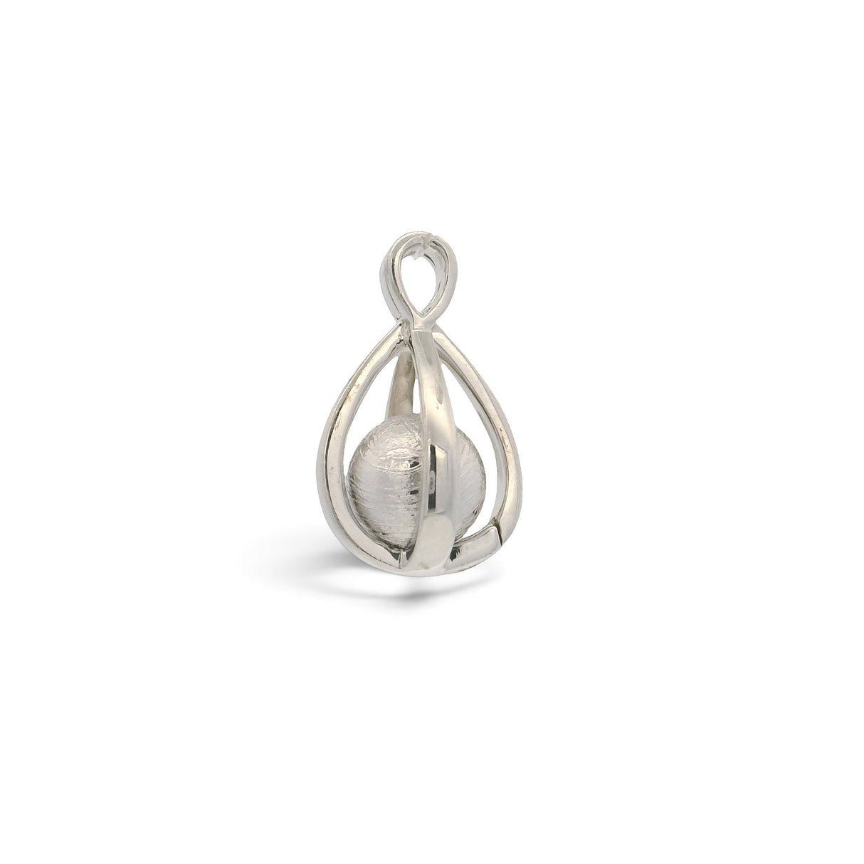 Rare Earth Gallery Muonionalusta meteorite sphere pendant in a silver rhodium-plated slotted cage design.