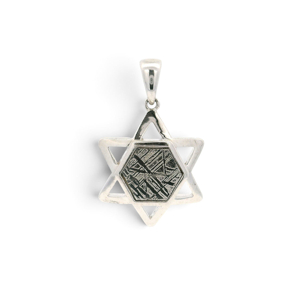 Rare Earth Gallery Muonionalusta meteorite hexagon slice set in a sterling silver Star of David pendant.