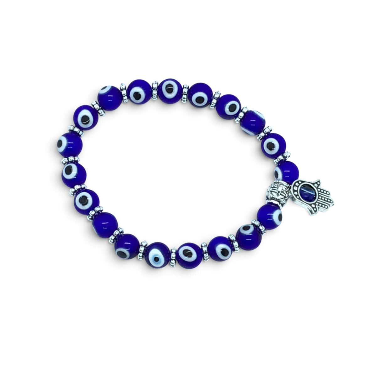 Rare Earth Gallery navy evil eye beaded bracelet featuring a silver hamsa hand charm on a white background