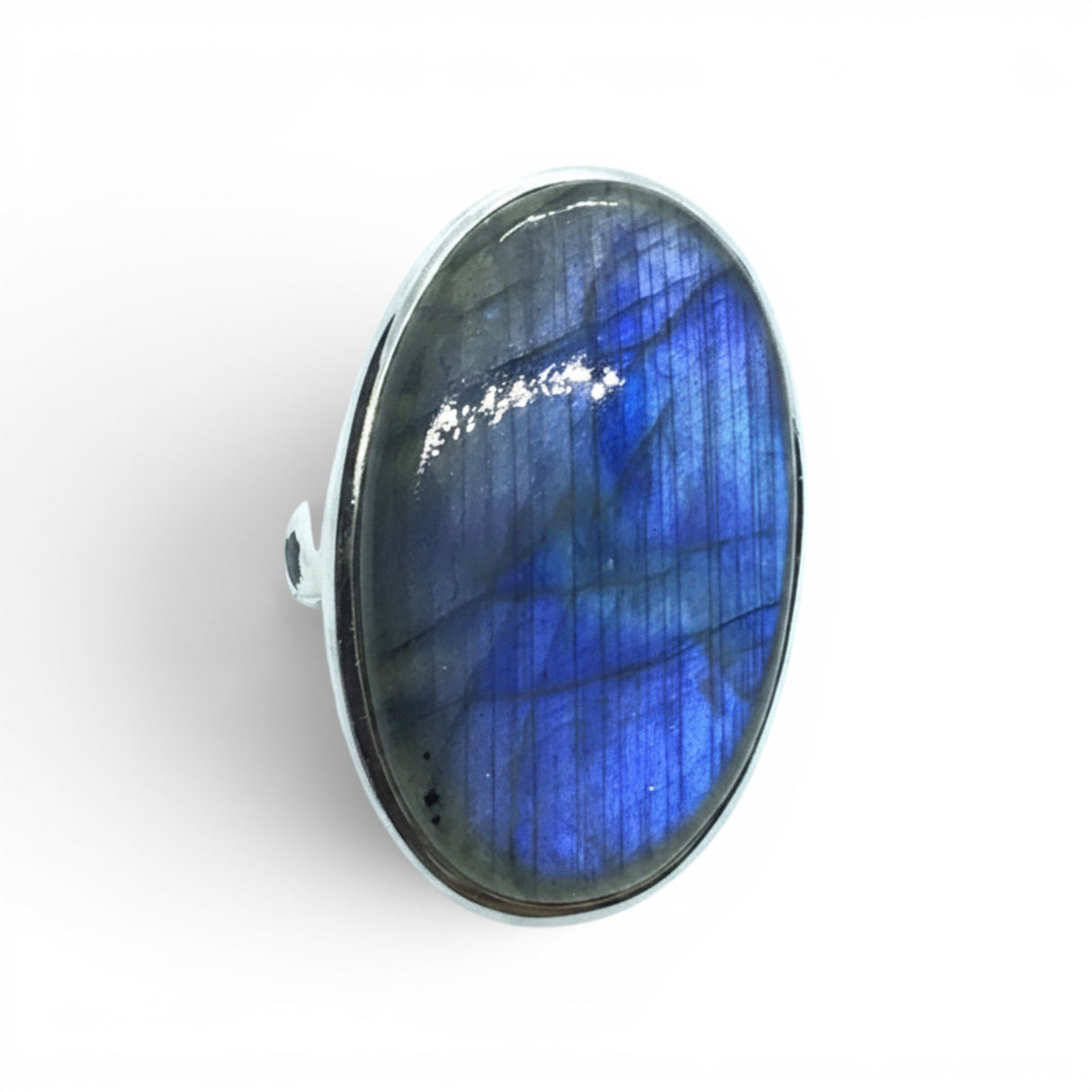 Rare Earth Gallery oval labradorite ring with ocean blue flash in a 925 sterling silver bezel setting.