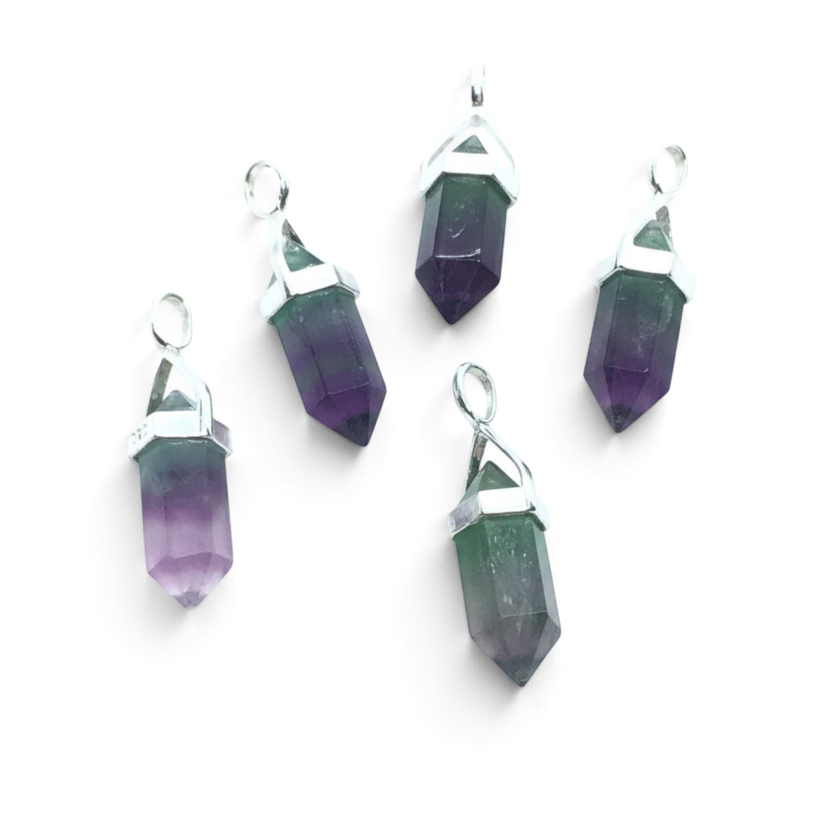 Rare Earth Gallery rainbow fluorite double point crystal pendants in 925 sterling silver open lantern bezels