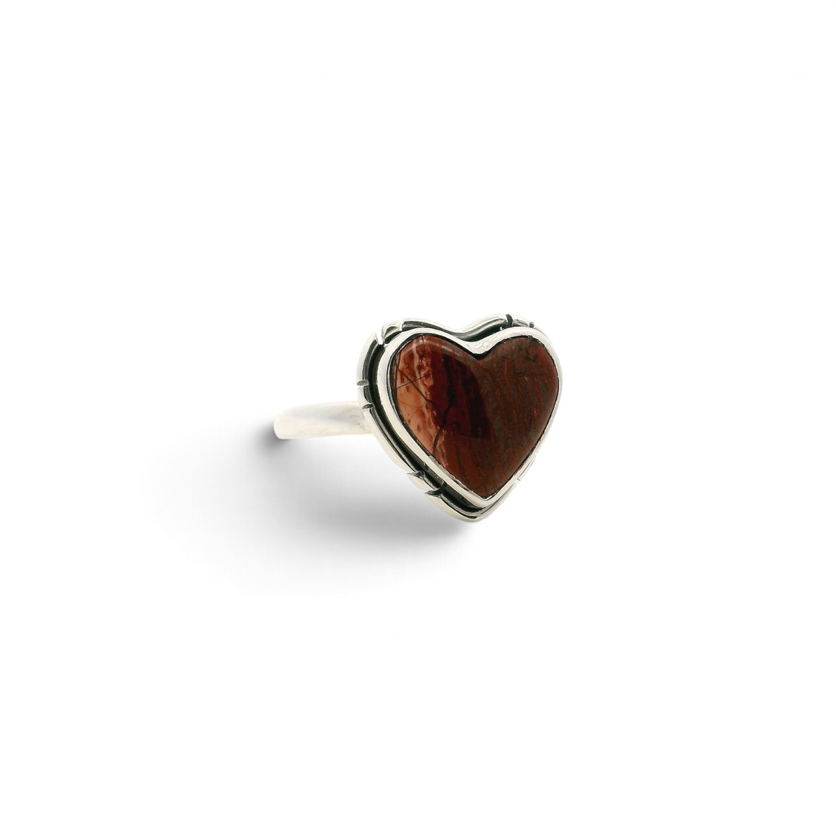 Rare Earth Gallery heart-shaped red jasper ring with vertical striations in a 925 sterling silver bezel setting