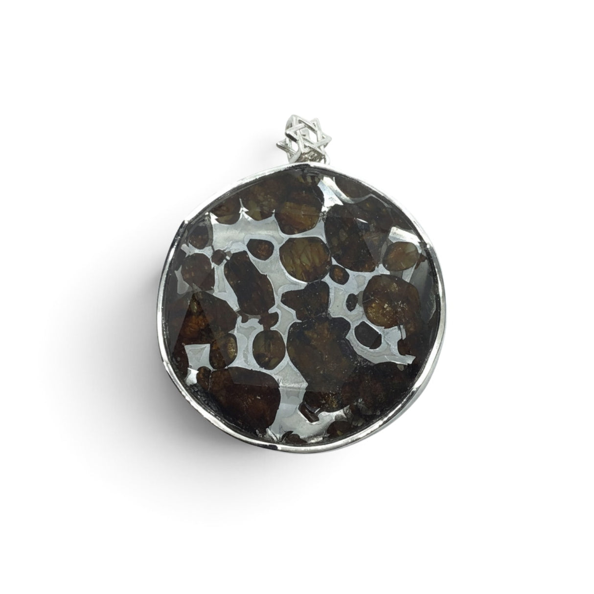 Rare Earth Gallery circular Sericho pallasite meteorite pendant with a faceted sapphire in 925 sterling silver