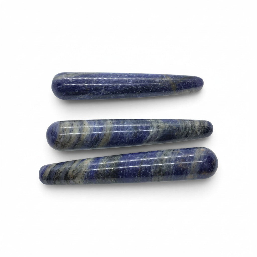 Three Rare Earth Gallery sodalite massage wands with smooth polished blue and white stone surfaces