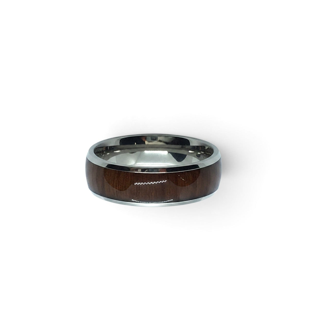 Rare Earth Gallery 8mm domed titanium ring featuring a polished rosewood inlay, size 14.