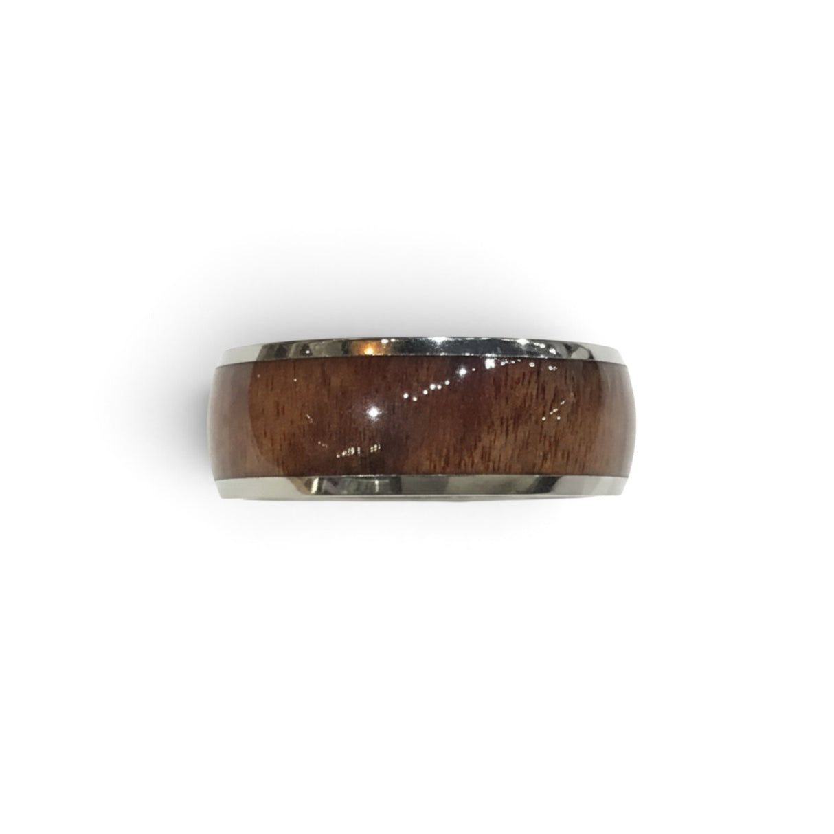 Rare Earth Gallery 8mm domed titanium ring featuring a polished rosewood inlay on a white background
