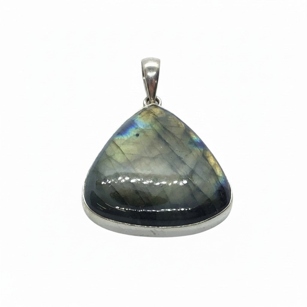 Rare Earth Gallery triangular labradorite pendant with gray base and orange and blue labradorescence flashes