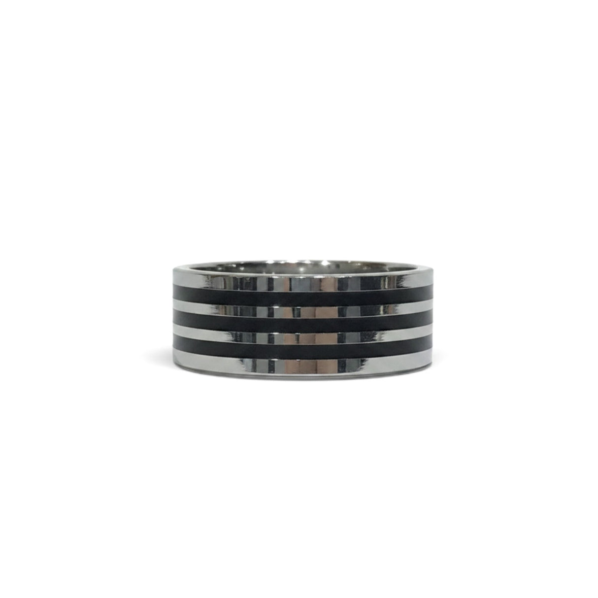 Rare Earth Gallery 8mm tungsten ring featuring polished silver-tone edges and black IP plated horizontal bands.