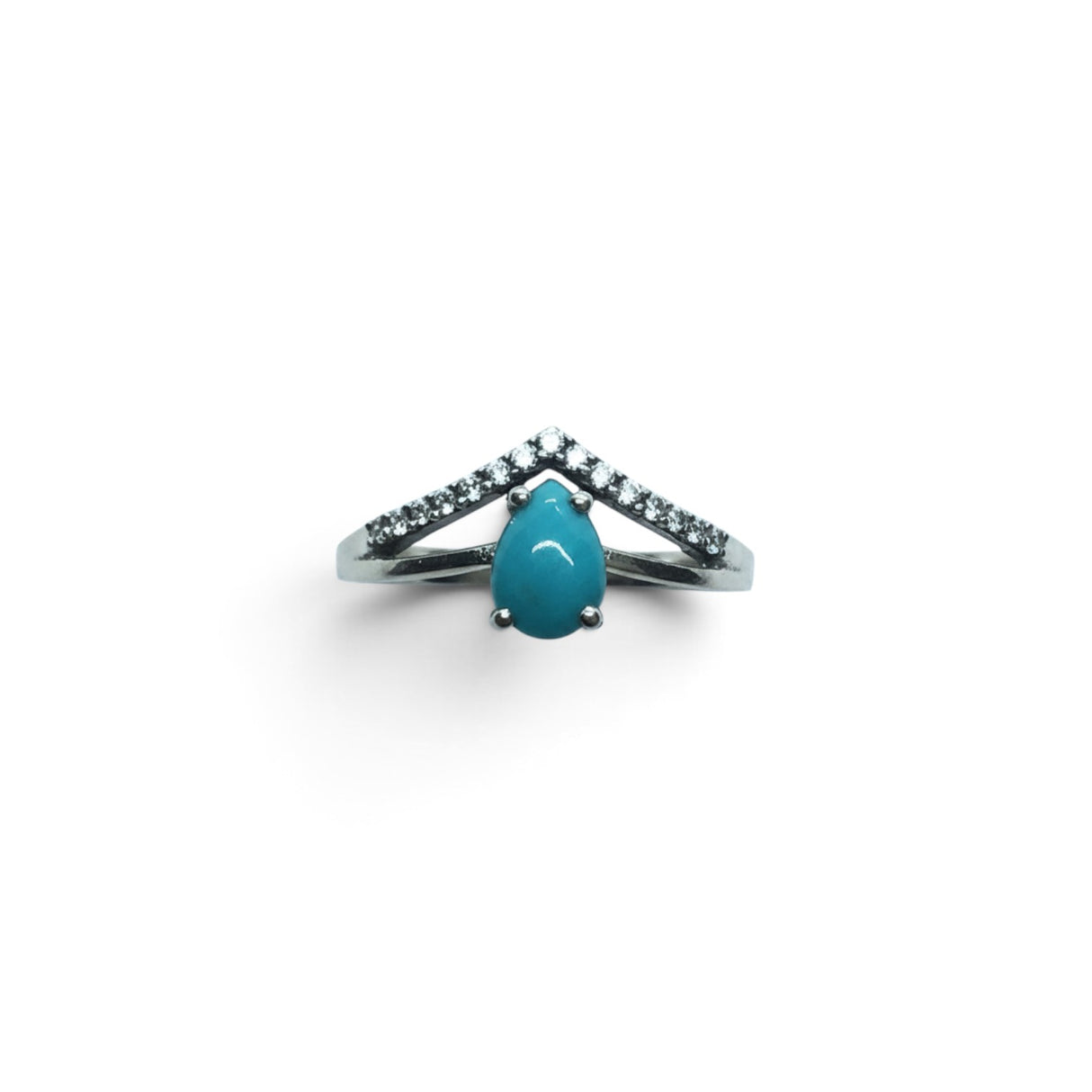 Rare Earth Gallery turquoise pear cabochon ring with white CZ chevron accents on a 925 sterling silver band