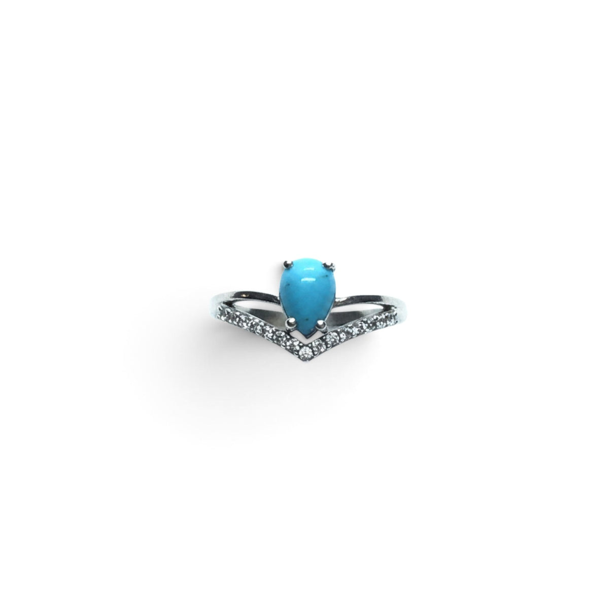 Rare Earth Gallery pear-shaped turquoise cabochon ring with white CZ chevron accents on a 925 sterling silver band.