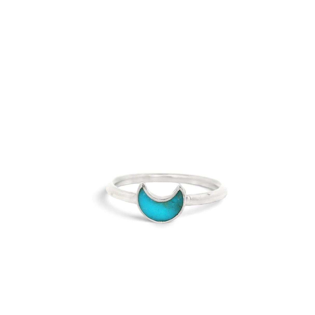 Rare Earth Gallery turquoise half moon ring in a simple silver bezel setting, size 6.